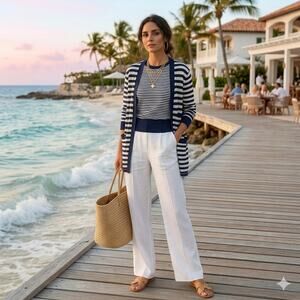Galinda Wang Vintage Navy Blue White Striped Cardigan & Short Sleeve Top Set 6